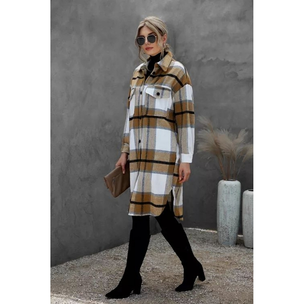 LAST ONE! Plus Size Brown Khaki Turn Down Collar Plaid Jacket - Picture 5 of 6